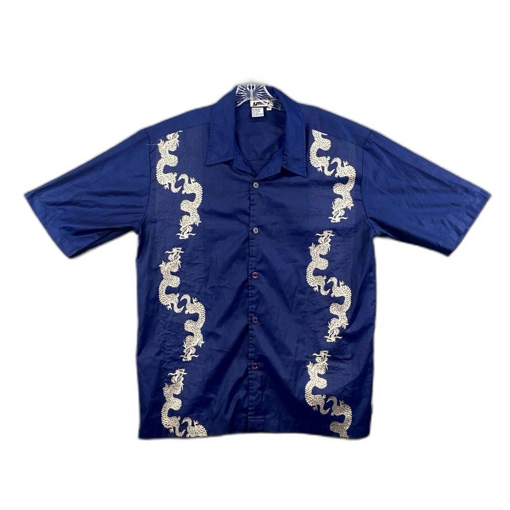 YMLA Shirt Men XL Blue Dragon Print Short Sleeve Button Up Corpore Classic Retro